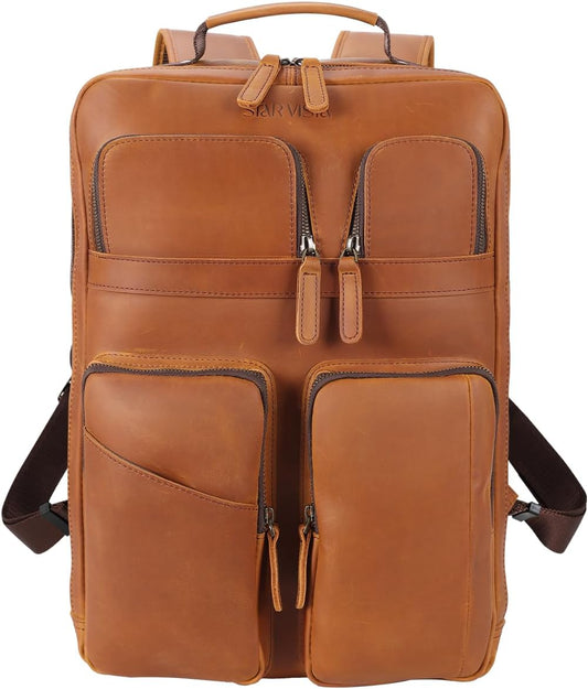 STAR VISTA Angelo 17.3" Vintage Full Grain Leather Laptop Backpack for Men, Multi Pockets, Casual Outdoor Business Travel Rucksack, YKK Zippers, Light Brown