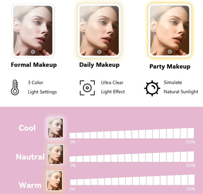 Travel Makeup Bag,with Mirror 3 Color Setting and Detachable 10x Magnifying Mirror Travel Makeup Bag,Portable Storage and Adjustable Dividers（Light Pink）