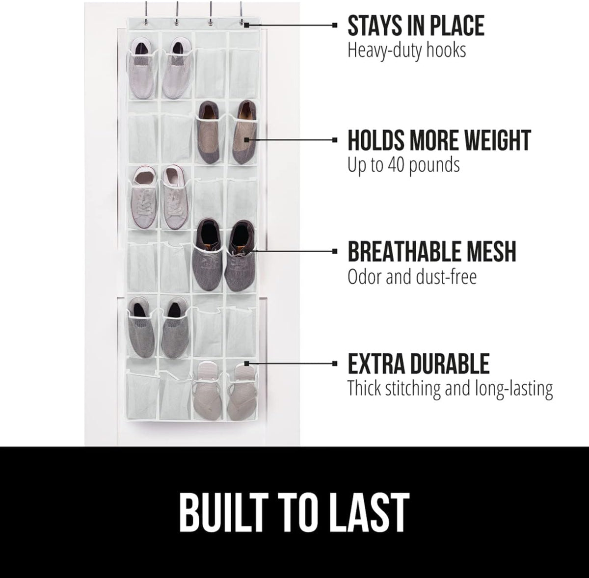 GORILLA GRIP Over the Door Shoe Organizer, 24 Large Breathable Mesh Pockets, Space Saving Hanging Storage Holder, Closet Rack Hanger Holds Up to 40 lbs, Hangs on Closets for Shoes, Accessories, White