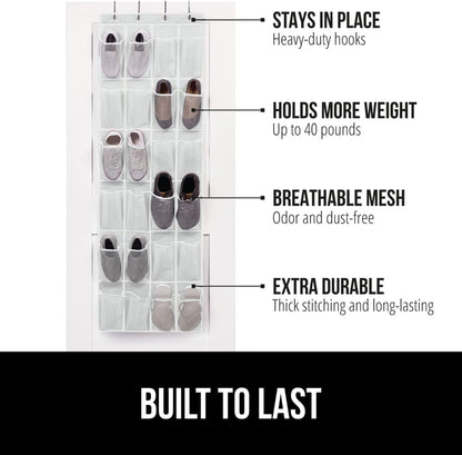 GORILLA GRIP Over the Door Shoe Organizer, 2 Pack, 24 Breathable Mesh Pockets, Space Saving Hanging Storage Holder, Closet Rack Hanger Holds Up to 40 lbs, Hangs on Closets, Shoes, Accessories, White