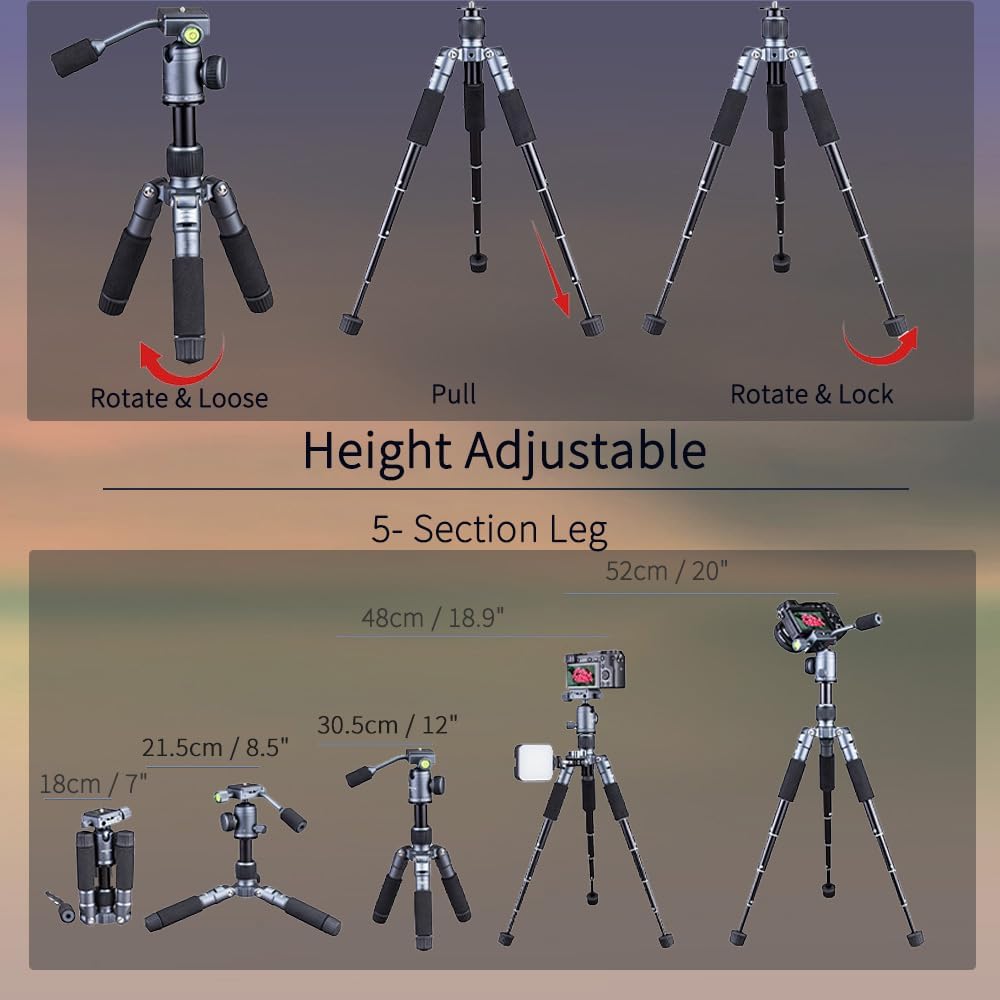 Portable Desktop Mini Tripod with Panning Handle, 20" / 52cm Desk Tabletop Aluminum Alloy with 360° Ball Head, Compact Tripod for DSLR Camera Video Camcorder, Load up to 13lb / 6kg