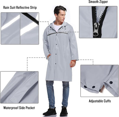 Mens Long Hooded Safety Rain Jacket Waterproof Emergency Raincoat Poncho - Image 3