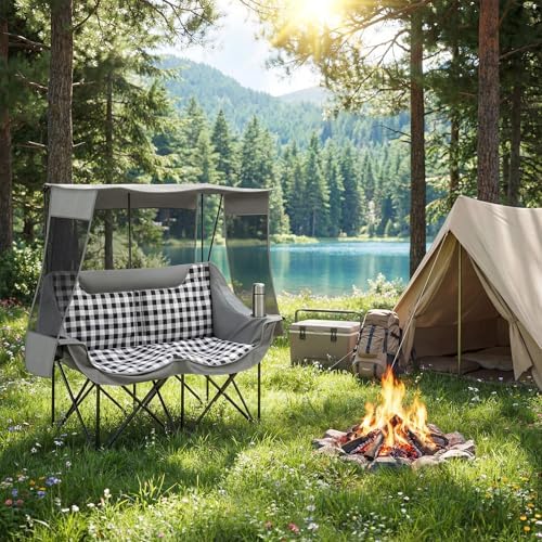 Teenyyou Double Camping Chair with Canopy 660lbs Heavy Duty, Grey Plaid