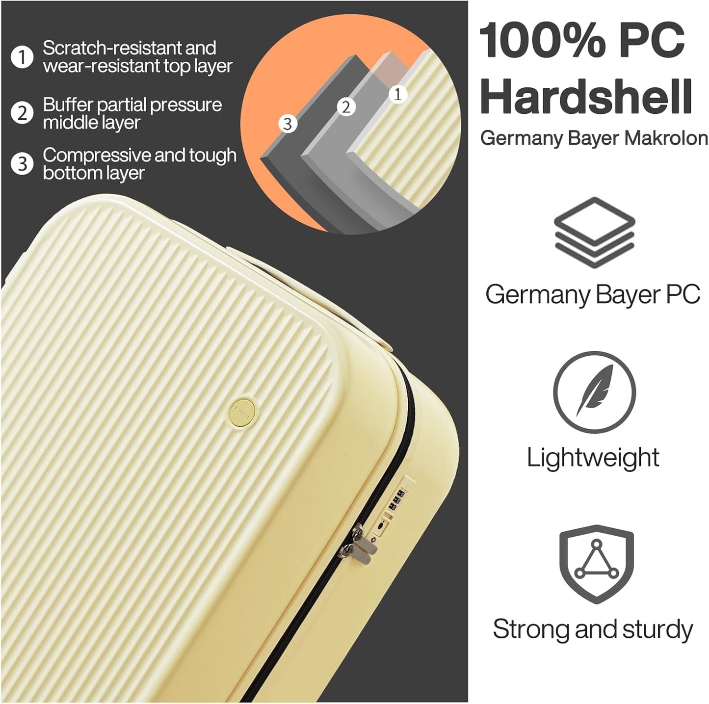 mixi 20 Inch Carry On Luggage PC Hardside Suitcases with Wheels & TSA for Travel Woman Men, Lark Yellow