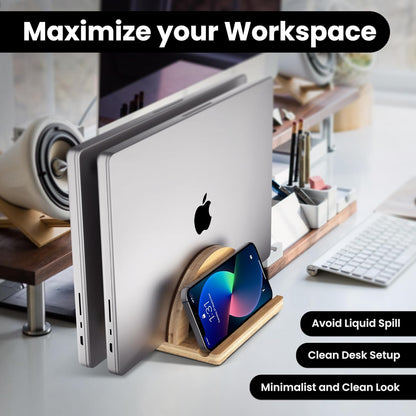 Kothar Premium Wood Vertical Laptop Stand - Adjustable Dual Slot Bamboo Holder for MacBook, Dell, HP, and More | Space-Saving Desktop Organizer | Eco-Friendly, Sleek & Durable Design
