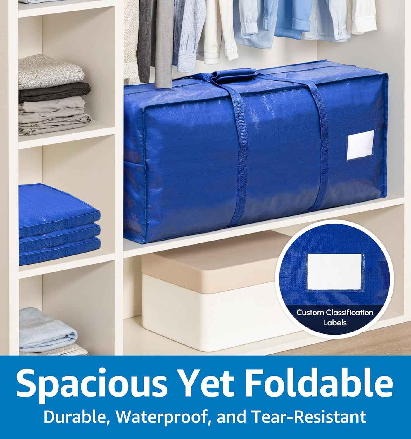 6 Pack Heavy Duty Moving Bags with Padded Wrap Around Handles-Strengthened Zipper Extra Large Storage Totes for Dorm College Clothes Blue