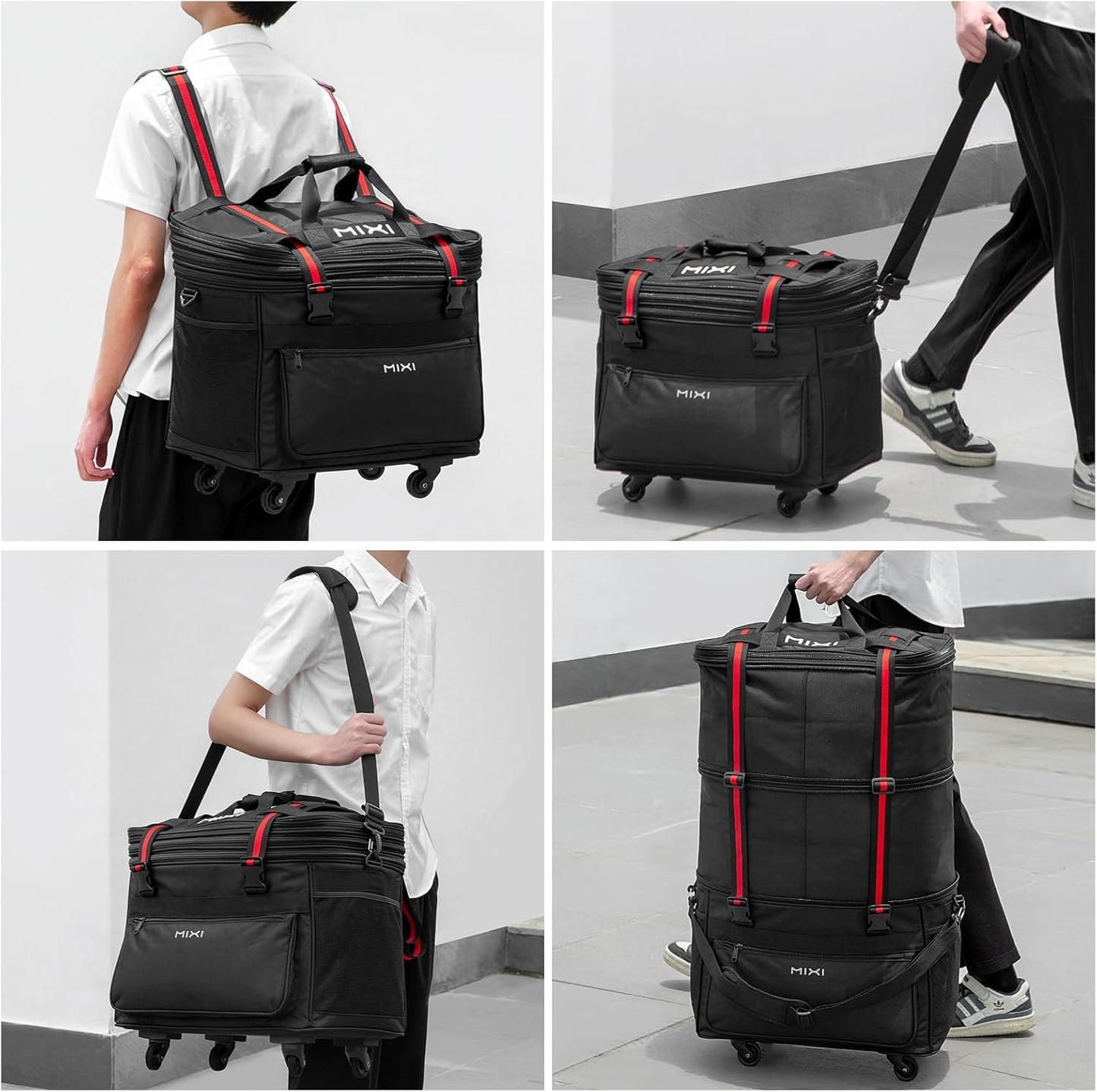 mixi Travel Bag with Wheels Expandable Foldable Luggage Bag Collapsible Rolling Travel Bag Duffel Bag Large Capacity Suitcase for Men Women, Black