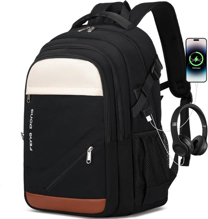 FENGDONG 17.3 inch Large Laptop Backpack Travel College Backpack Waterproof Bookbag for Men & Women Business Backpack with USB Charging Port and Headset Port Black White