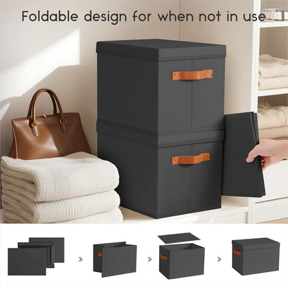 Storage Bins with Lids - Fabric Storage Baskets for Shelves, 6 Pack Foldable Decorative Boxes with Handles, Stackable Organizer Bins for Home, Nursery, Dorm, Black