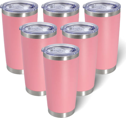 20oz Tumbler Bulk Stainless Steel Tumblers with Lid Vacuum Insulated Double Wall Travel Coffee Mug Powder Coated Tumbler Cup for Hot and Cold Drinks(Pink, 6 pack)