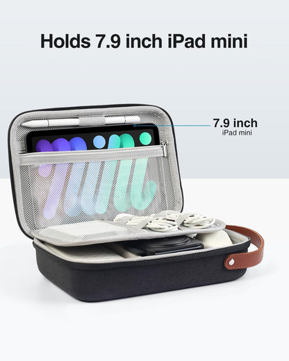 Luxtude Tech Organizer Travel Case, Portable Electronics Organizers, Hard Case for Electronics, Black Tech Bag, Charger Cases, Carrying Cases for iPad Mini (Up to 7.9’’), Mouse
