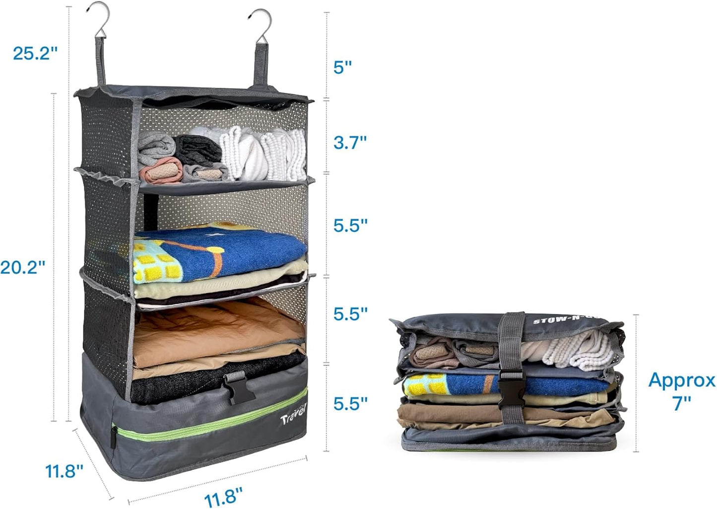 Grand Fusion Stow-N-Go Travel Luggage Organizer – Portable Hanging Travel Shelves, Carry-On Closet Organizer, Hanging Packing Cubes, Collapsible Carry-On Organizer for Cruises & Hotels. Dark Gray - L