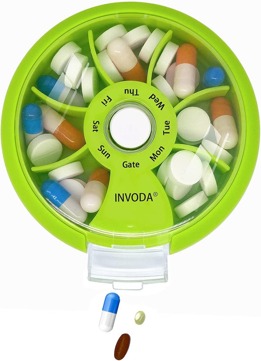 INVODA Weekly Pill Organizer 7 Compartment Rotating Pill Box for Daily Medication & Vitamins - Portable Travel Pill Case Fish Oil Supplements Vitamins Organizer (Orange)