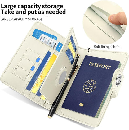 Passport Holder Wallet Bag with AirTag Holder, Card Slots Passport Solt Ticket Cash Solt, Photo Solt Sim Card Pen Slot.White