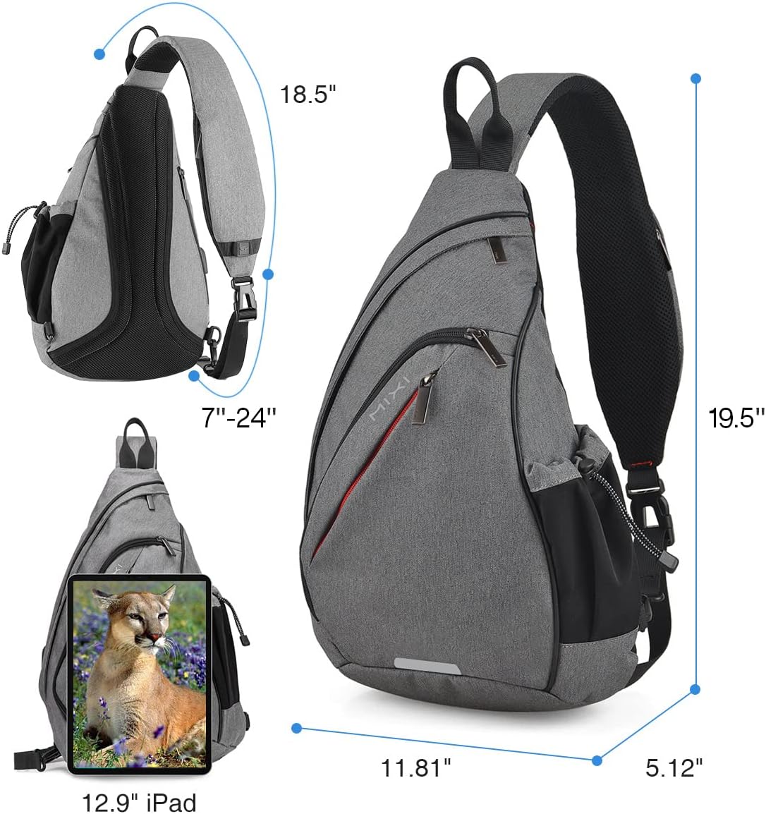 mixi Sling Bag Men Backpack Unisex One Shoulder Bag Hiking Travel Backpack Crossbody with USB Port for Men Women Versatile Casual Daypack-20 inch,Gery