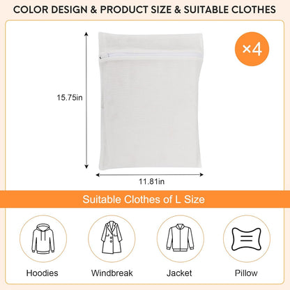 4-Piece White Medium Durable Organic Cotton Mesh Laundry Bags with Sturdy Zippers and Breathable Mesh are Delicate Laundry Bags for Underwear, Clothes, Pants and Socks