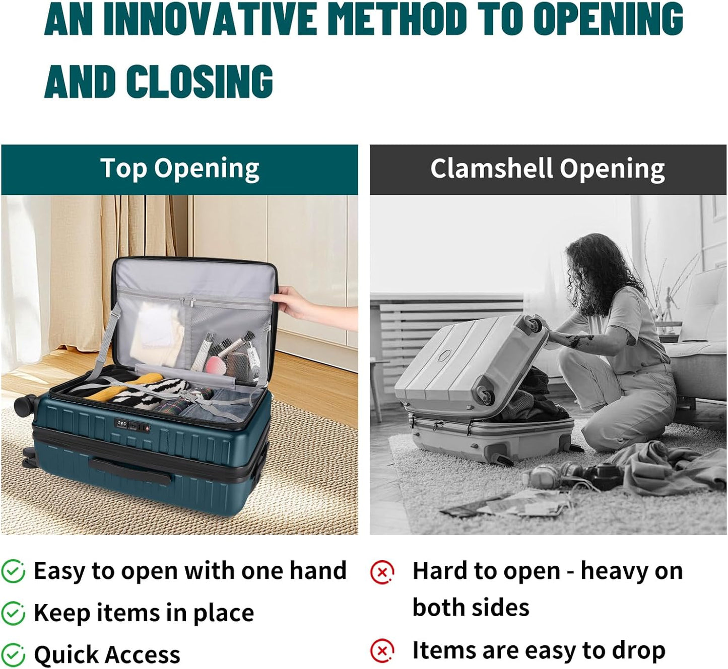 3-Piece 20/24 Top Opening Hardshell Lightweight Luggage and 28-Inch Clamshell Opening Suitcase with Spinner Wheels & TSA Locks, Teal Blue, 20in/24in/28in