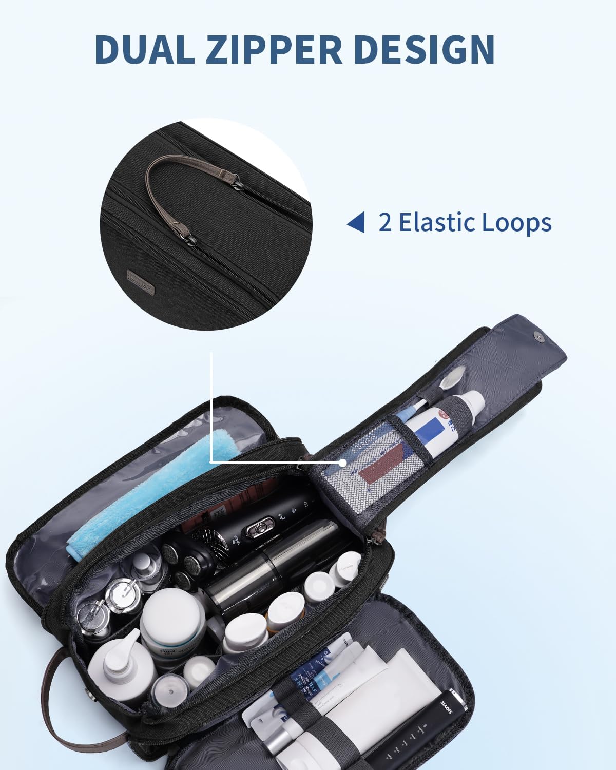 WANDF Toiletry Bag for Men Travel Toiletry Organizer Canvas and Leather Dopp Kit Water-Resistant Shaving Bag for Travel Accessories (Black, Large)