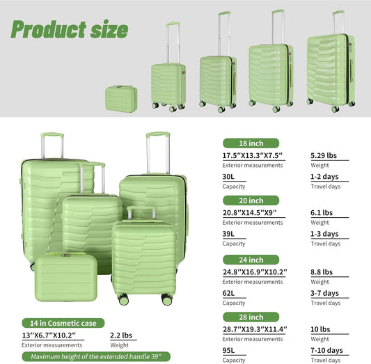5-Piece Luggage Set, Lightweight ABS+PC Hard Shell Suitcase with YKK Zipper & TSA Lock for Family, Avocado Green, 14in/18in/20in/24in/28in