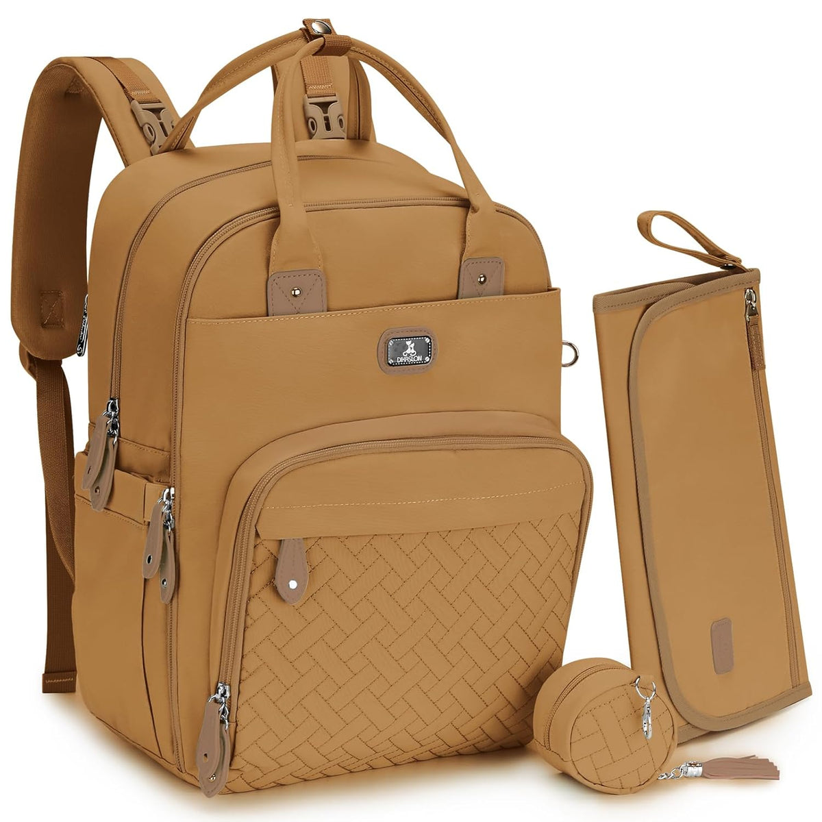 Dikaslon Diaper Bag Backpack with Portable Changing Pad, Pacifier Case and Stroller Straps, Large Unisex Baby Bags for Boys Girls, Multipurpose Travel Back Pack for Moms Dads, Tan