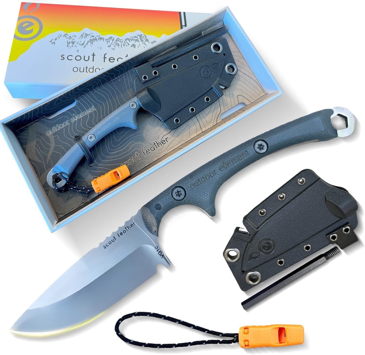 Scout Feather - Fixed Blade Survival Knife with built-in Firestarter for Camping, Hunting, Outdoor Adventure and Culinary Needs - VG10 Blade, Whistle, Knife Sharpener, Compact Sheath & G10 Handle
