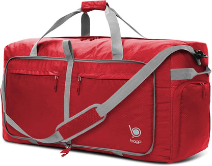 Bago Large Foldable Duffel Bags for Traveling Women & Men - 120L Packable Duffle Bag for Travel with Shoe Compartment - Water Repellant, Heavy Duty, Lightweight Folding & Collapsible (Red)