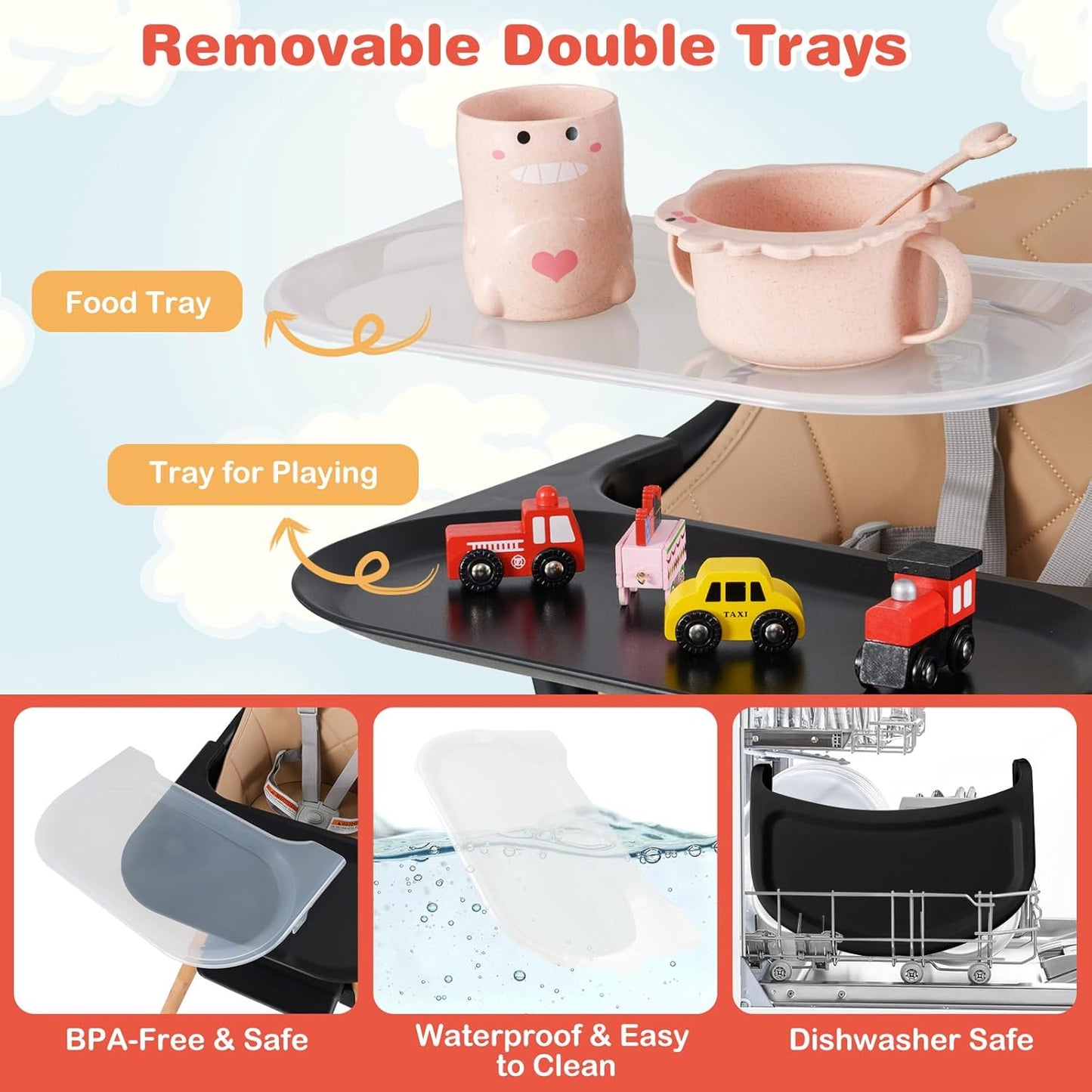 HONEY JOY Baby High Chair, 6 in 1 Convertible Wooden Highchair for Babies and Toddlers/Chair/Bar Stool, Removable Double Tray & Reversible Footrest, Safety Harness for Infant Boys Girls (Coffee)