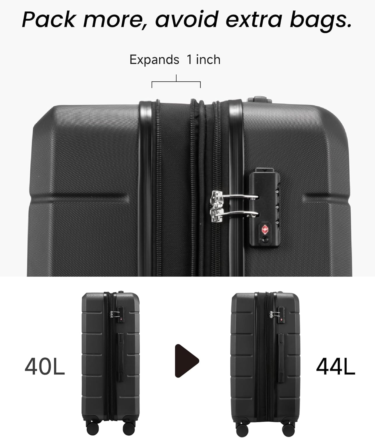 Carry On Luggage 22x14x9 Airline Approved with Spinner Wheels, Expandable Hardside Suitcase, Black