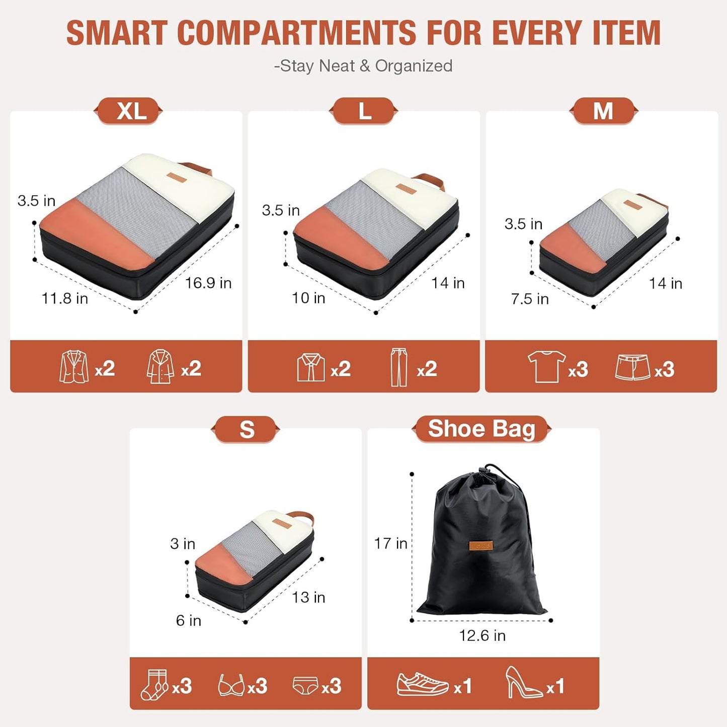 Packing Cubes for Travel, Compression 6 Set Organizer Bags for Women with Shoe Bag & Laundry Pouch, Luggage Organizers for Suitcase, Carry On & Trips, Travel Essentials