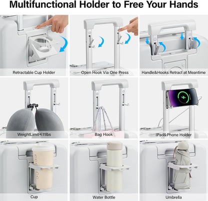 Hanke 20 Inch Carry On Luggage with Cup Holder and Charge,Top Opening Hard Shell Suitcases with Wheels and Dividers,Aluminum Frame Trunk Luggage Small Suitcase with Lock for Travel,Smoke White