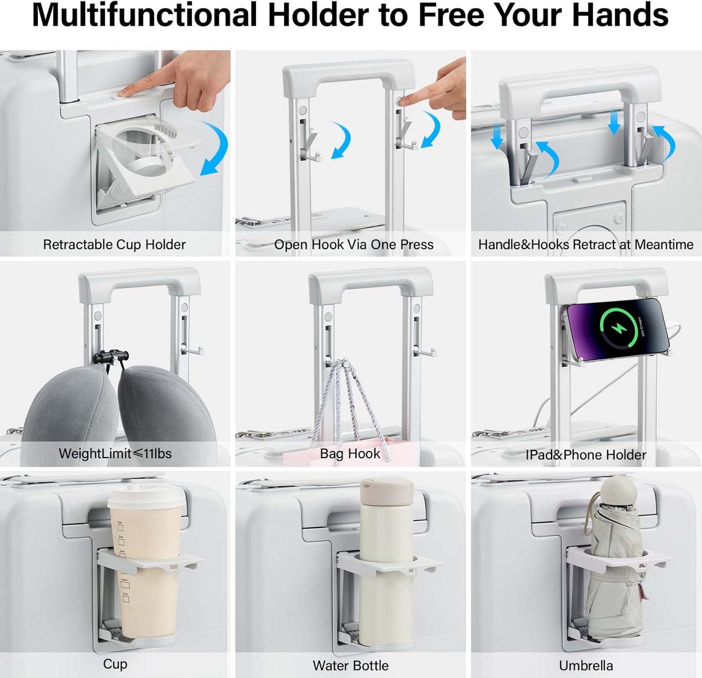 Hanke 24 Inch Luggage with Cup Holder and Charge,Top Opening Hard Shell Suitcases with Wheels and Dividers,Aluminum Frame Trunk Luggage Medium Checked Suitcase with Lock for Travel,Smoke White