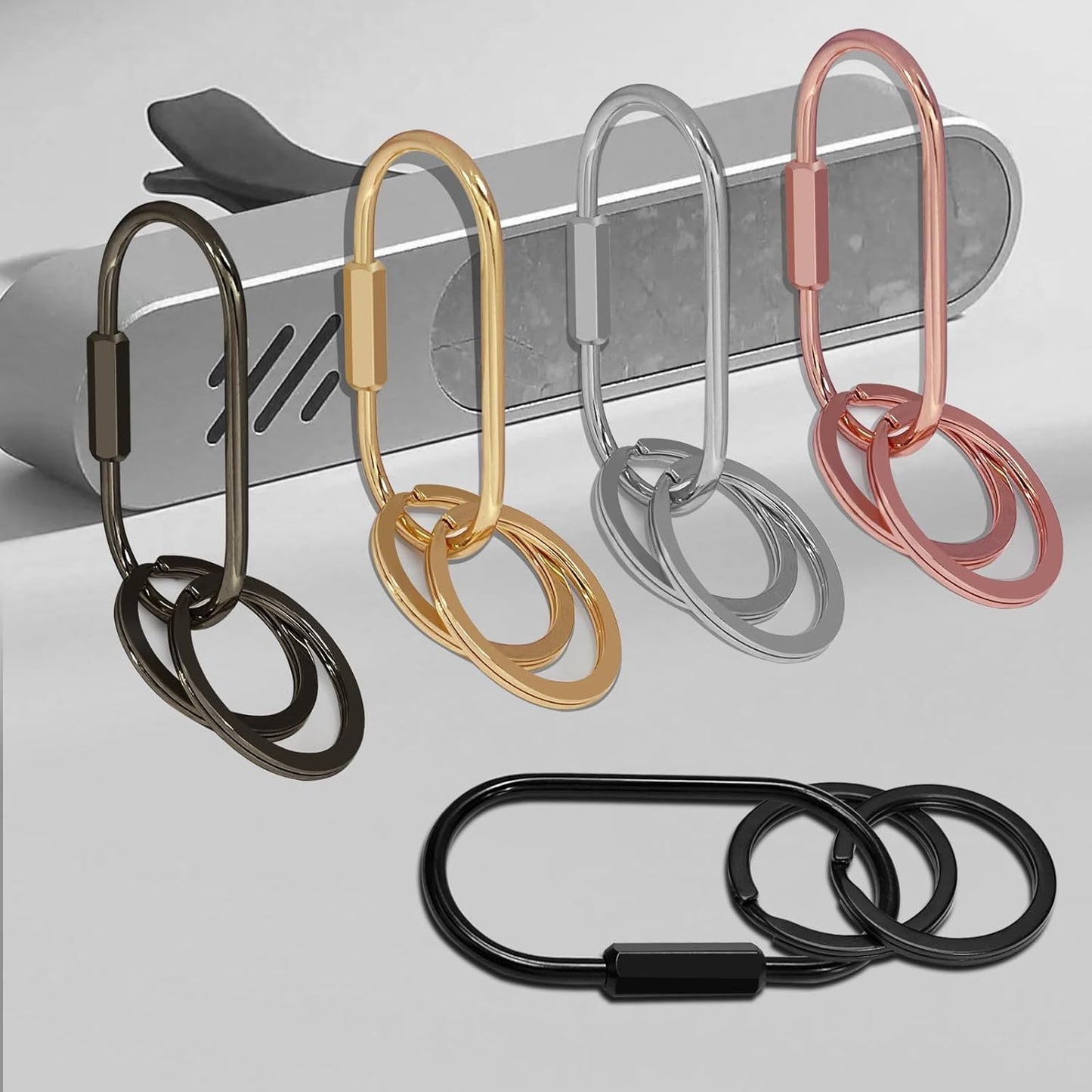 Key Chain, Brass Key Rings 2 Pack Screw Lock Key Organizer with 4 Rings Carabiner Keychain Clip for Men and Women