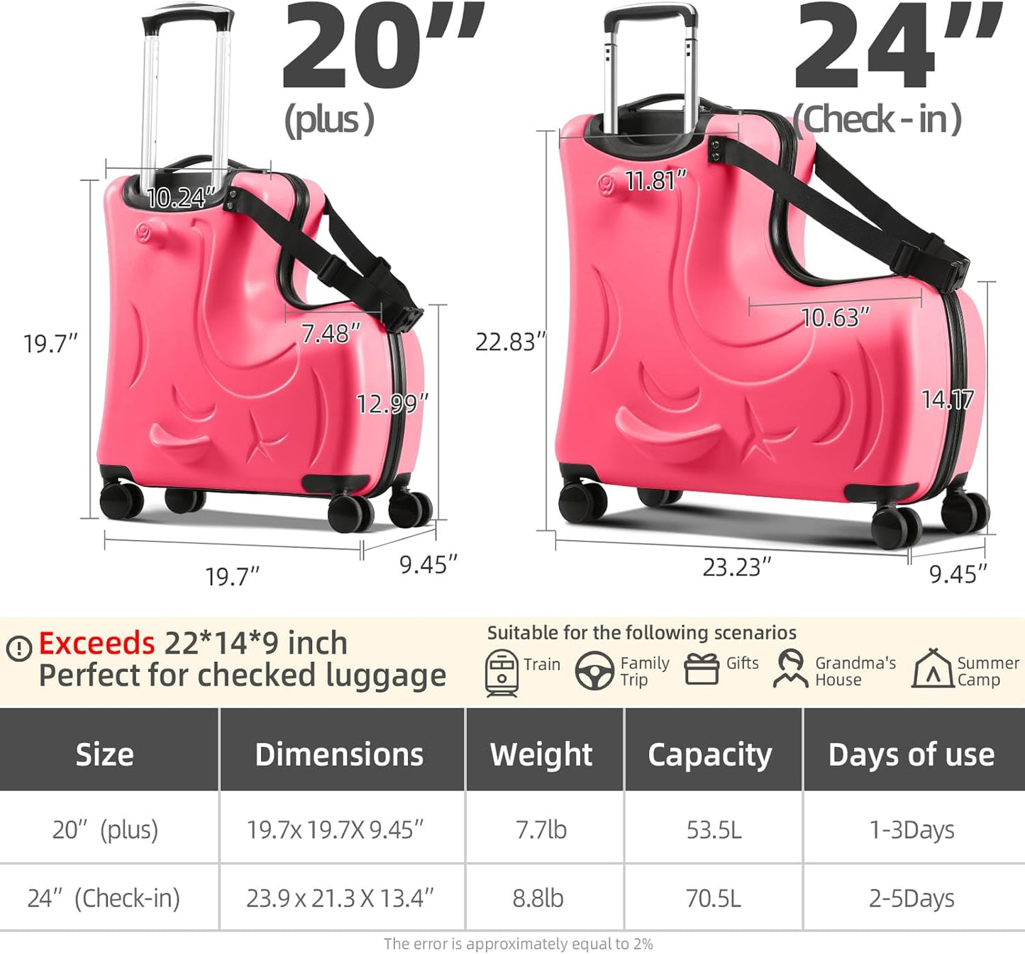 Ride on Hard Shell Kids Luggage with 4 Spinner Wheels for Girls and Boys, Rolling Childrens Travel Suitcase with Seat and Safety Belt for Toddler Ages 6-12, Checked size 25 Inch, Red