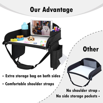 Kids Travel Tray for Toddler Car Seat, Lap Tray for Girl Activities with Dry Erase Board & Cooler Cup Holder, Road Trip Essentials Accessories with No-Drop Large Tablet iPad Holder Stand,2Pc Black