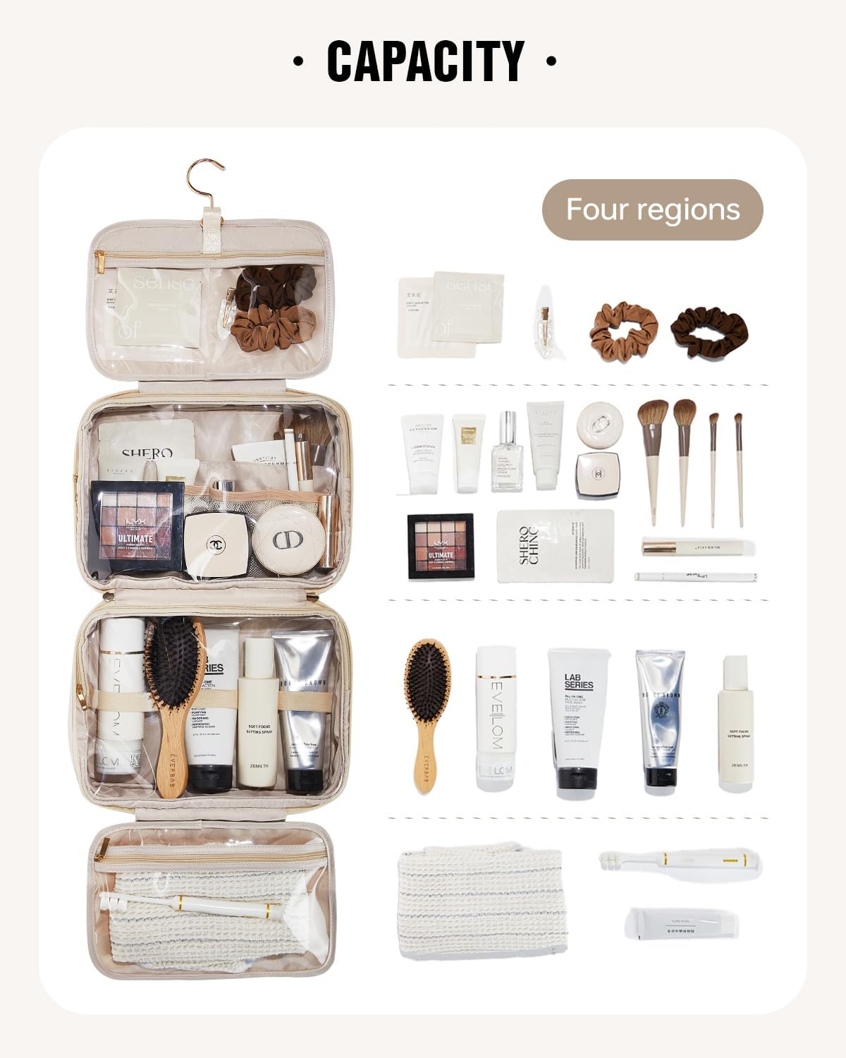 EACHY Travel Toiletry Bag with Hanging Hook, Portable Makeup Cosmetic Bags for Women, Water-Resistant Full-Size Travel Accessories (Pink)