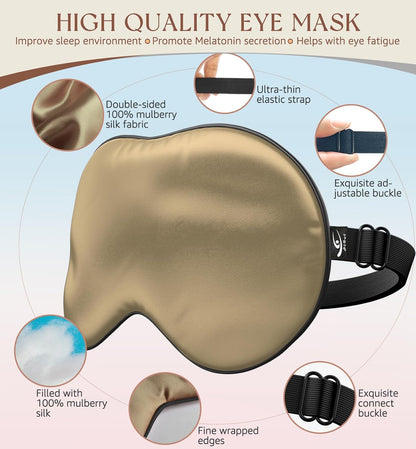 HiRui Silk Sleep Mask, 100% Natural Mulberry Silk of Double-Sided & Inner-Filling, Ultra-Smooth Soft, Adjustable Strap, Blocks Light for Night Sleeping, Travel, Office Naps (Khaki)