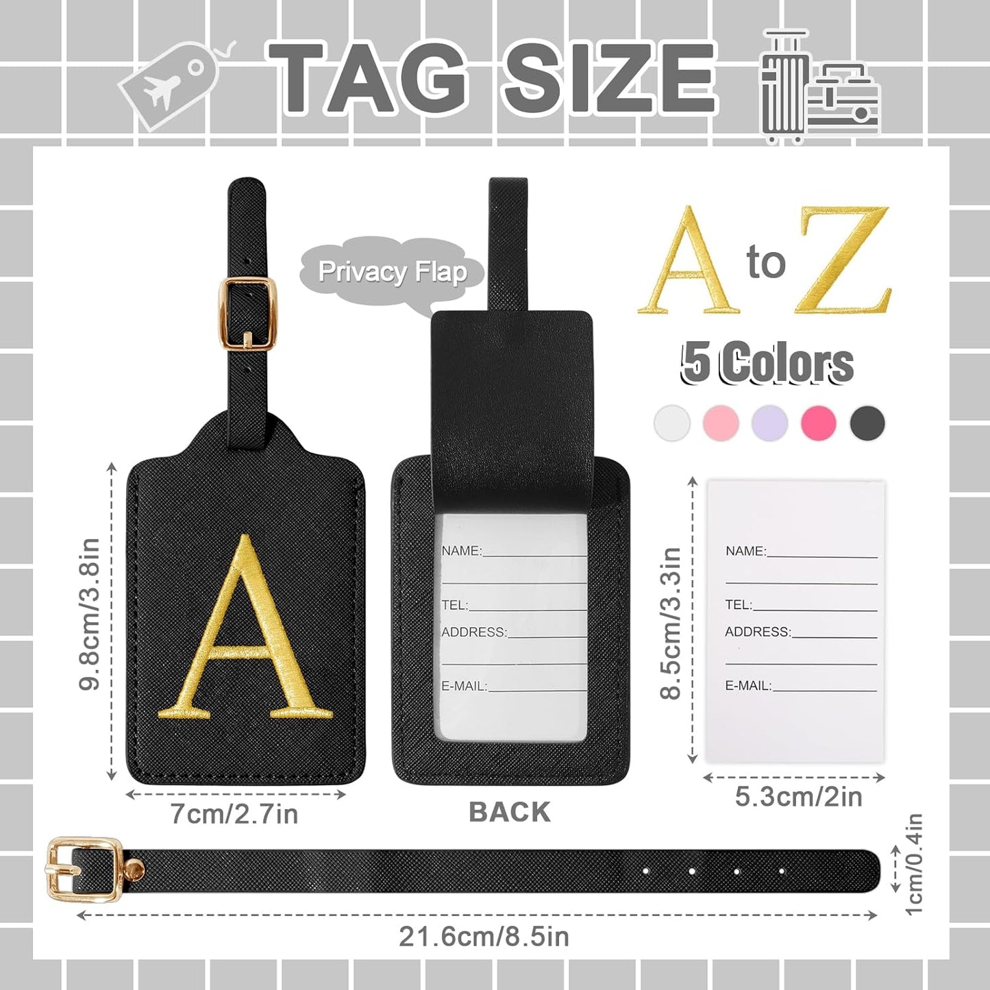Personalized Initial Luggage Tags for Suitcase TSA Approved, Black Leather Cute Luggage Tag with Privacy Cover Name Card, Embroidered Custom Luggage Tags Travel Backpack Tags Gifts for Women Kids(A)