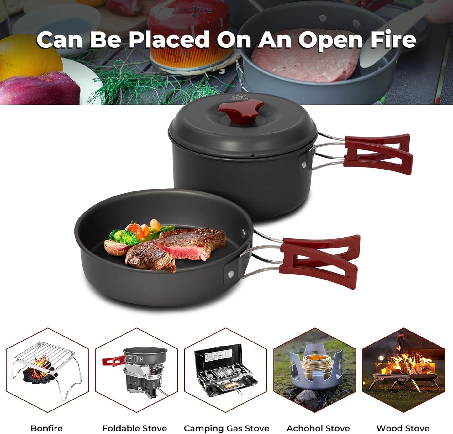 Bulin 24/13/11/8/4 PCS Camping Cookware Mess Kit Lightweight Backpacking Cooking Set Outdoor Cook Gear for Family Hiking, Picnic(Kettle, Pot, Frying Pan, Bowls, Plates, Spoon)