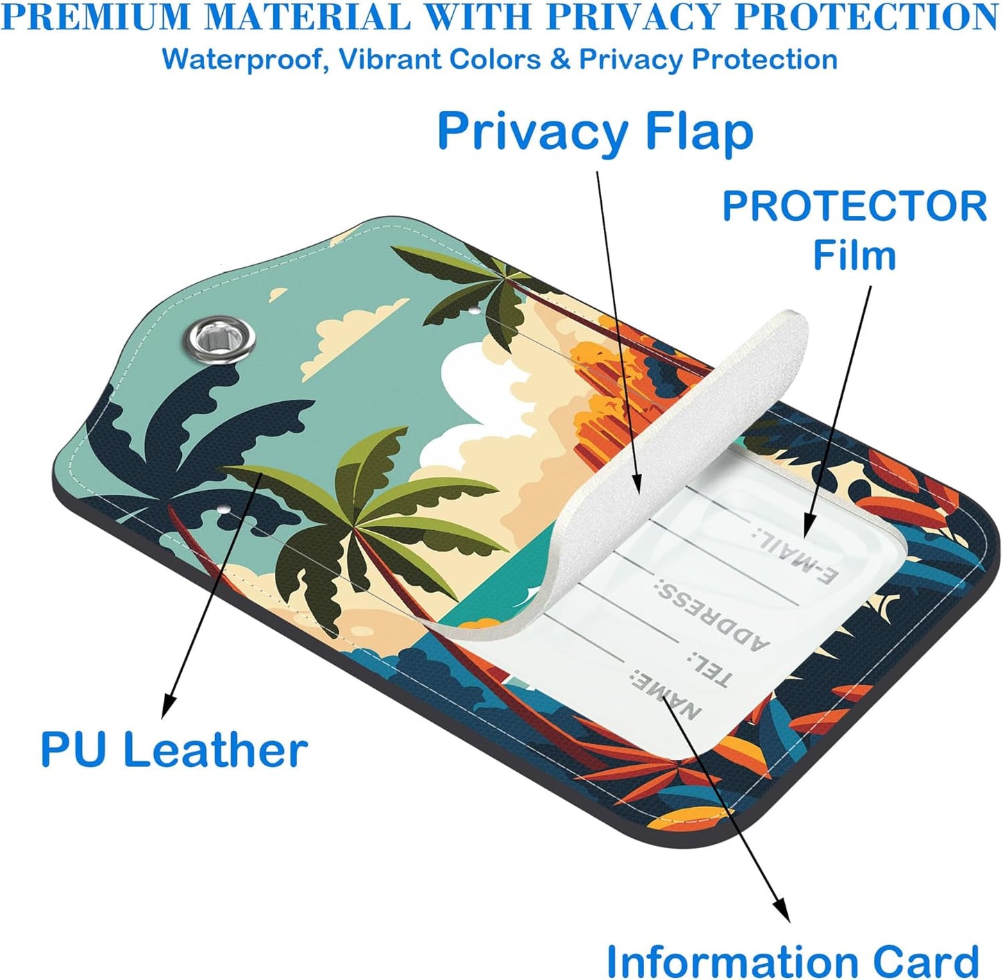 Tropical Beach at Sunset Luggage Tags for Suitcases Leather Travel Tags for Luggage ID Label with Privacy Cover and Stainless Steel Loop for Men Women Suitcase Backpack, Set of 2