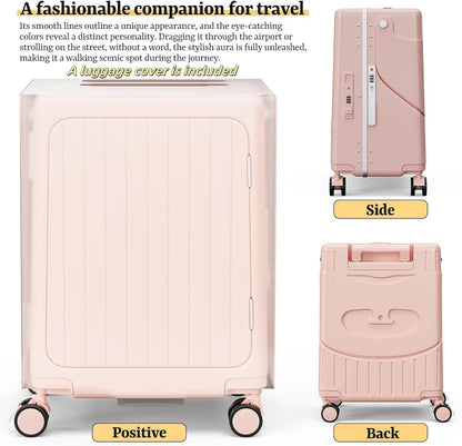 20" Hardshell Carry On Suitcase with Seat for Kids & Adults,Travel Luggage with Front Pocket & 4 Lockable Spinner Wheels, TSA Lock, USB Port, Luggage Cover, Safty Seatbelt