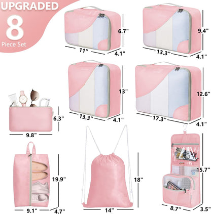 8 Set Packing Cubes for Travel, Gifts for Women Mom,Anti-Tearing Suitcase Organizer for Luggage with Shoe & Hanging Toiletry Bag,OlarHike Vacation Essentials & Accessories for Cruise Ship,Dream Pink