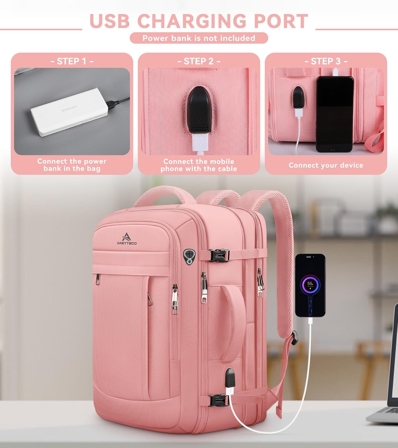 Travel Laptop Backpack for Women, 50L Expandable Extra Large Backpack,Carry On Backpack, Water Resistant Big Bag Anti-Theft Business Daypack Fits 17 Inch Laptop with USB Port, Pink