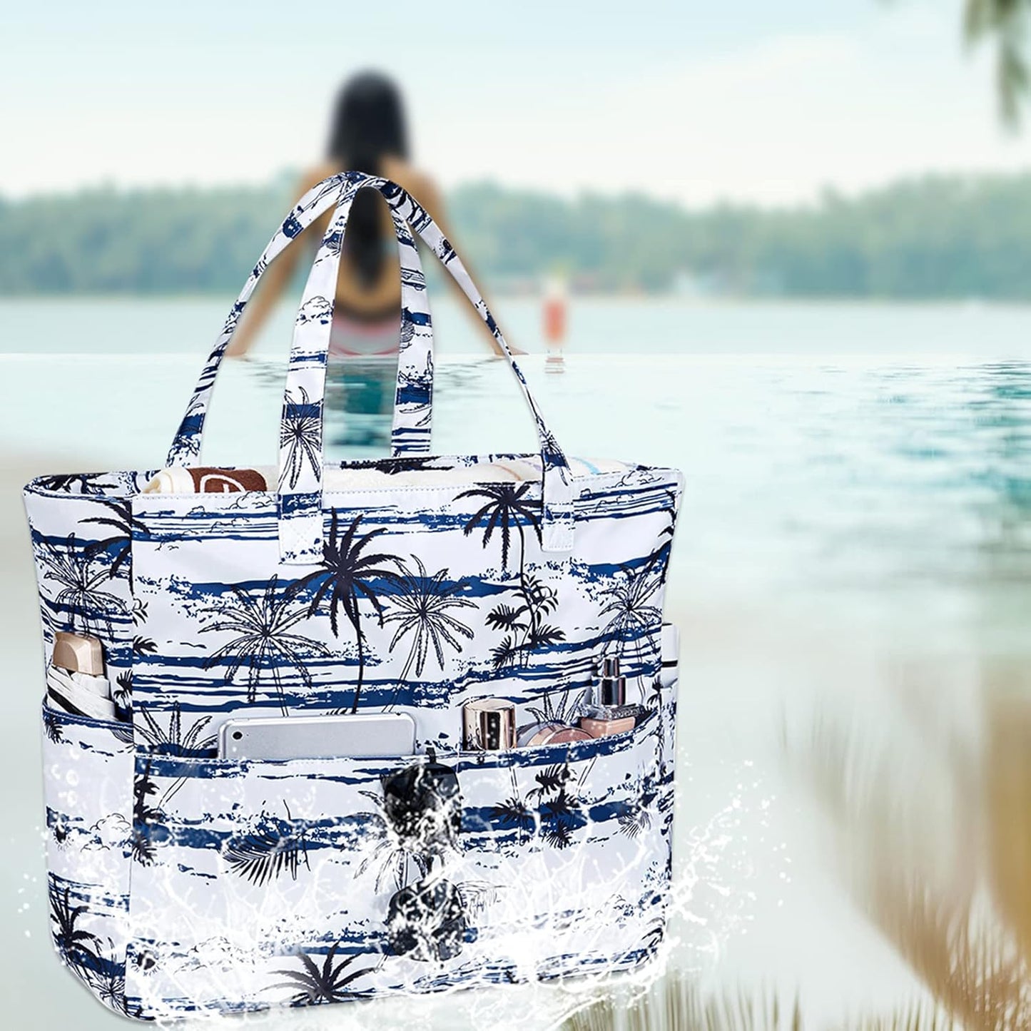 LEDAOU Large Beach Tote Bag Women Waterproof Sandproof Zipper Beach Tote Bag for Pool Gym Grocery Travel with Wet Pocket