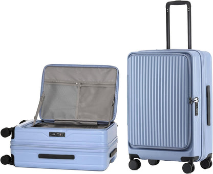 24 Inch Top Opening Checked Travel Luggage Expandable with Spinner Wheels,All PC Hard Shell Hardside Lightweight Medium Suitcase with TSA Approved Cup Holder for Business Trips Woman Men,Blue