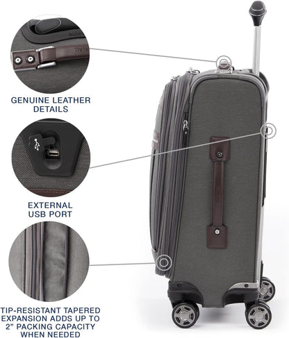 Travelpro Platinum Elite Softside Expandable Carry on Luggage, 8 Wheel Spinner Suitcase, USB Port, Suiter, Men and Women, Vintage Grey, Carry On 21-Inch