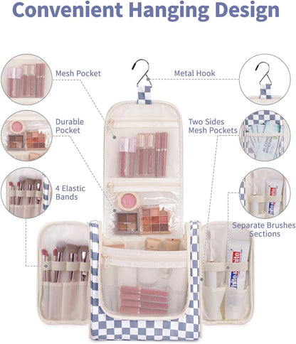 Narwey Checked Hanging Travel Toiletry Bag for Women, Travel Bag for Toiletries, Makeup Bag Organizer Cosmetic Bags Make Up Bags for Women (Grayish Blue Checkerboard)