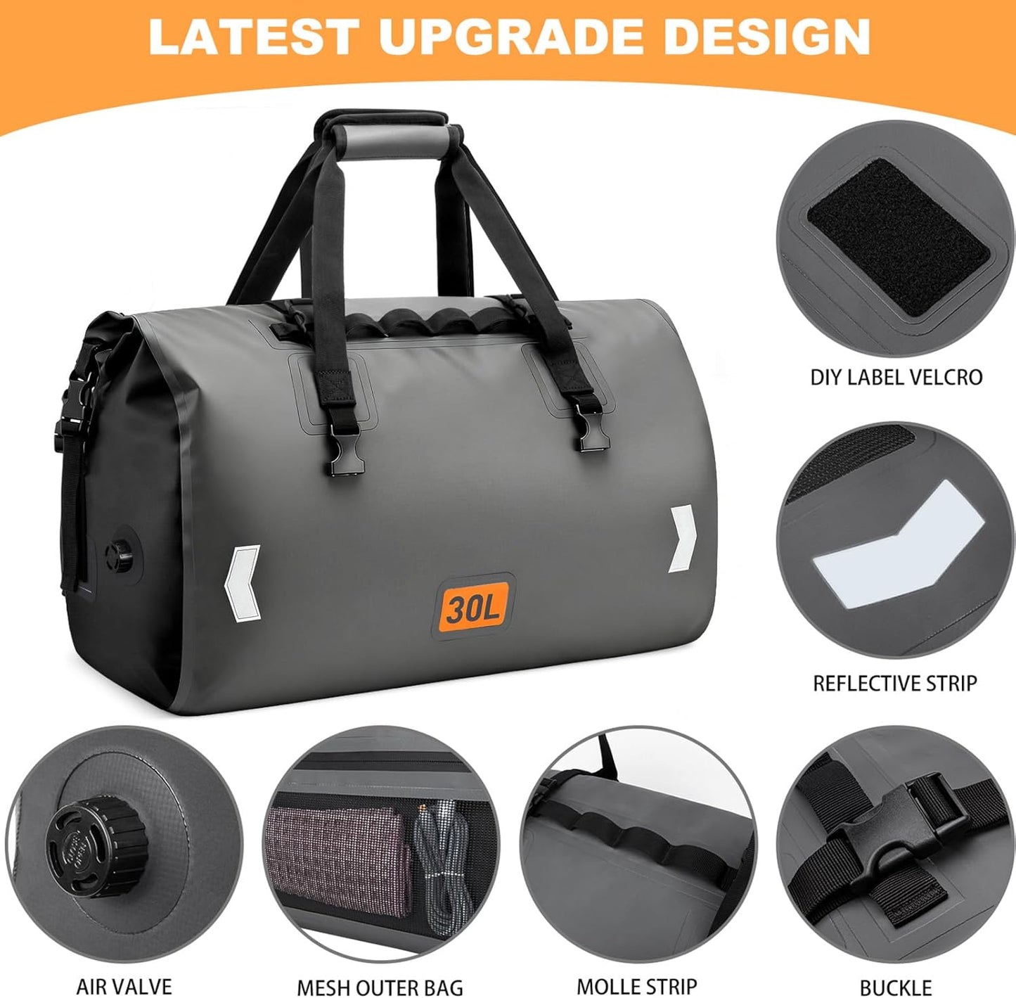 Waterproof Dry Bag, 30L Roll-top Motorcycle Tail Bag with Air Valve & Quick-fixed Straps, Travel Duffle Bags for Kayaking Paddle Boarding Rafting Boating Camping Riding Fishing - Grey