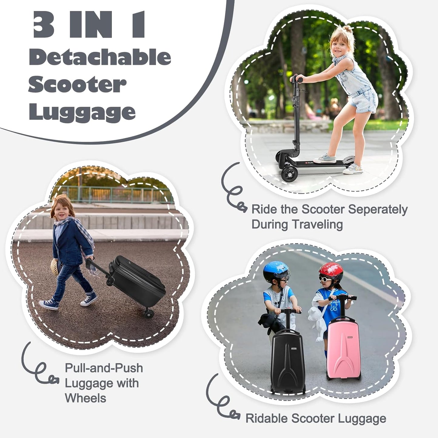 iubest Scooter Luggage Carry On Scooter Suitcase for Kids Age 4-15, Detachable & Foldable 4 in 1 Kids Suitcase, Multifunctional Ride On Travel Trolley Scooter Combo-Black