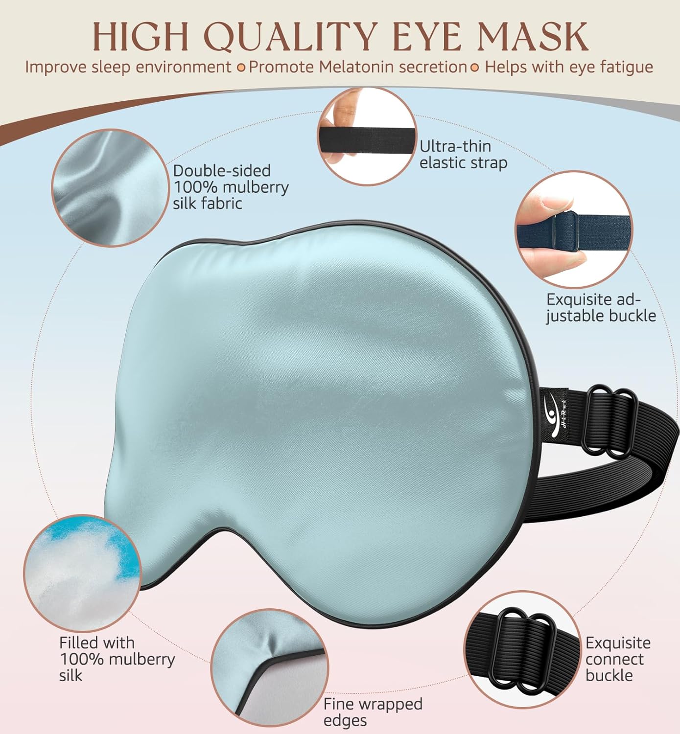 HiRui Silk Sleep Mask, 100% Natural Mulberry Silk of Double-Sided & Inner-Filling, Ultra-Smooth Soft, Adjustable Strap, Blocks Light for Night Sleeping, Travel, Office Naps (Light Blue)
