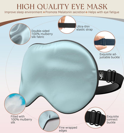HiRui Silk Sleep Mask, 100% Natural Mulberry Silk of Double-Sided & Inner-Filling, Ultra-Smooth Soft, Adjustable Strap, Blocks Light for Night Sleeping, Travel, Office Naps (Light Blue)